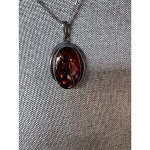 Vintage Oval Amber Pendant Necklace With Sterling Silver Chain